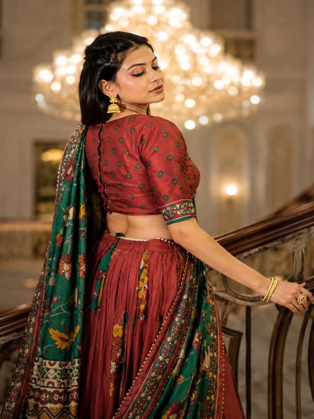 House of Pataudi Printed Kalamkari Semi-Stitched Lehenga & Unstitched Blouse With Dupatta thumbnail 4