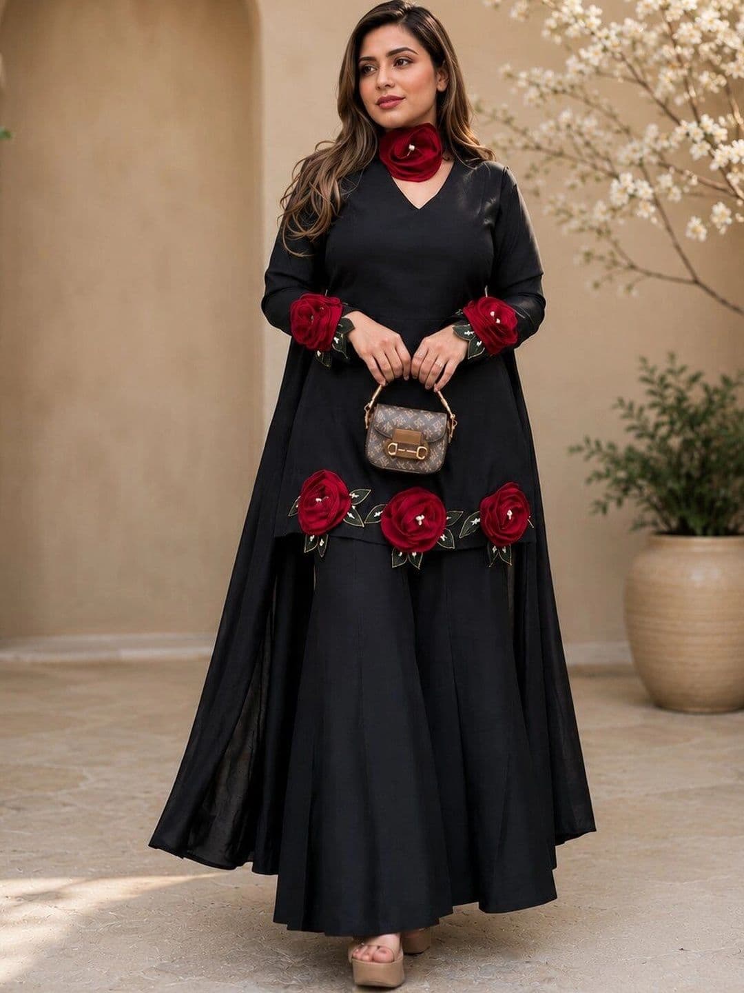 KALINI Women Floral Embroidered Empire Thread Work Silk Crepe Kurta with Palazzos - view 1