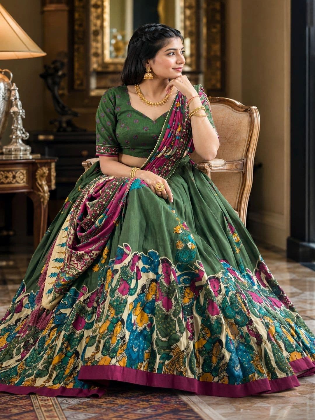 House of Pataudi Printed Kalamkari Semi-Stitched Lehenga & Unstitched Blouse With Dupatta thumbnail 3