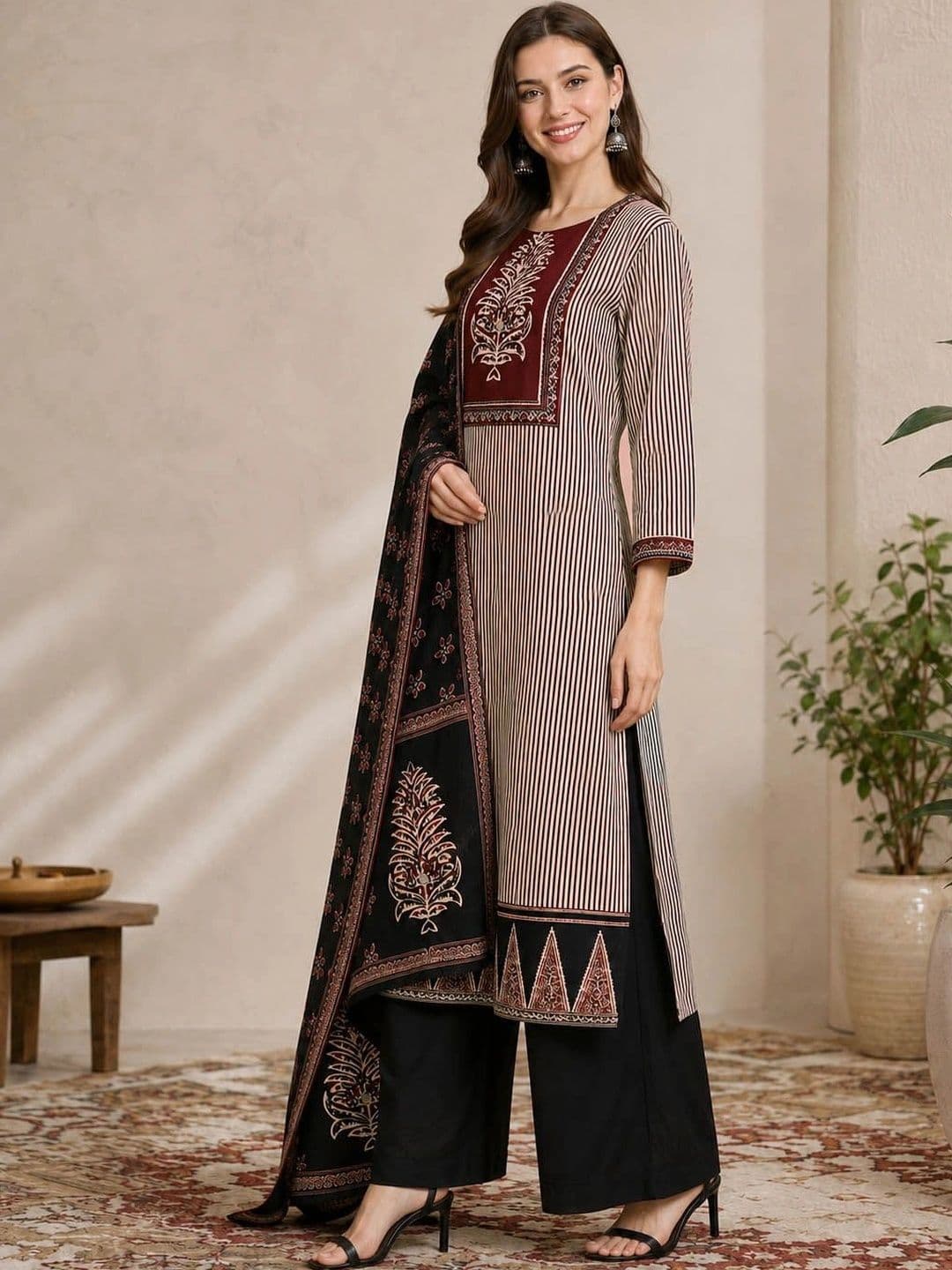Anouk Women Striped Regular Pure Cotton Kurta with Palazzos & With Dupatta thumbnail 4