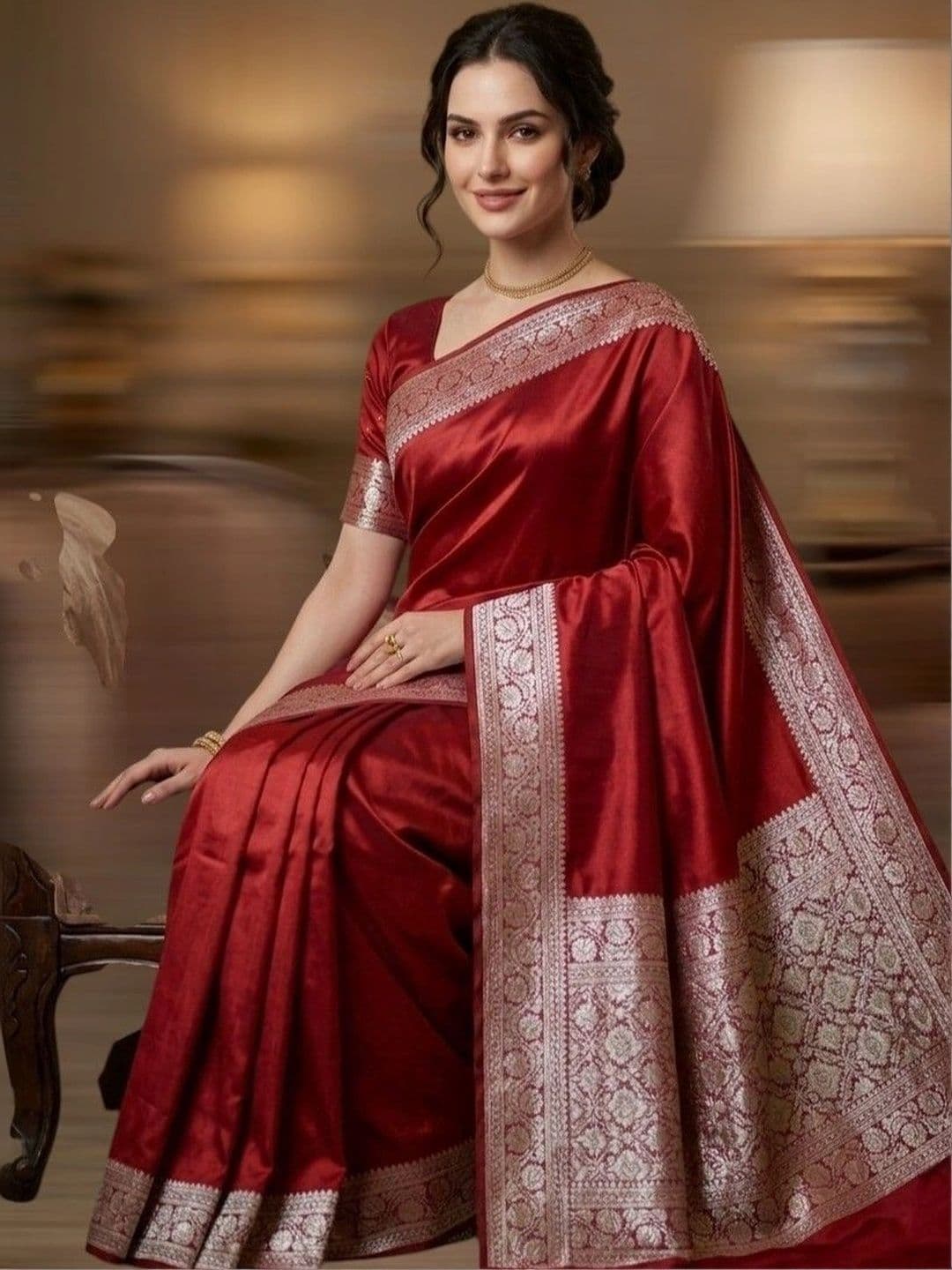 EEFA FASHION Woven Design Zari Satin Banarasi Saree thumbnail 3