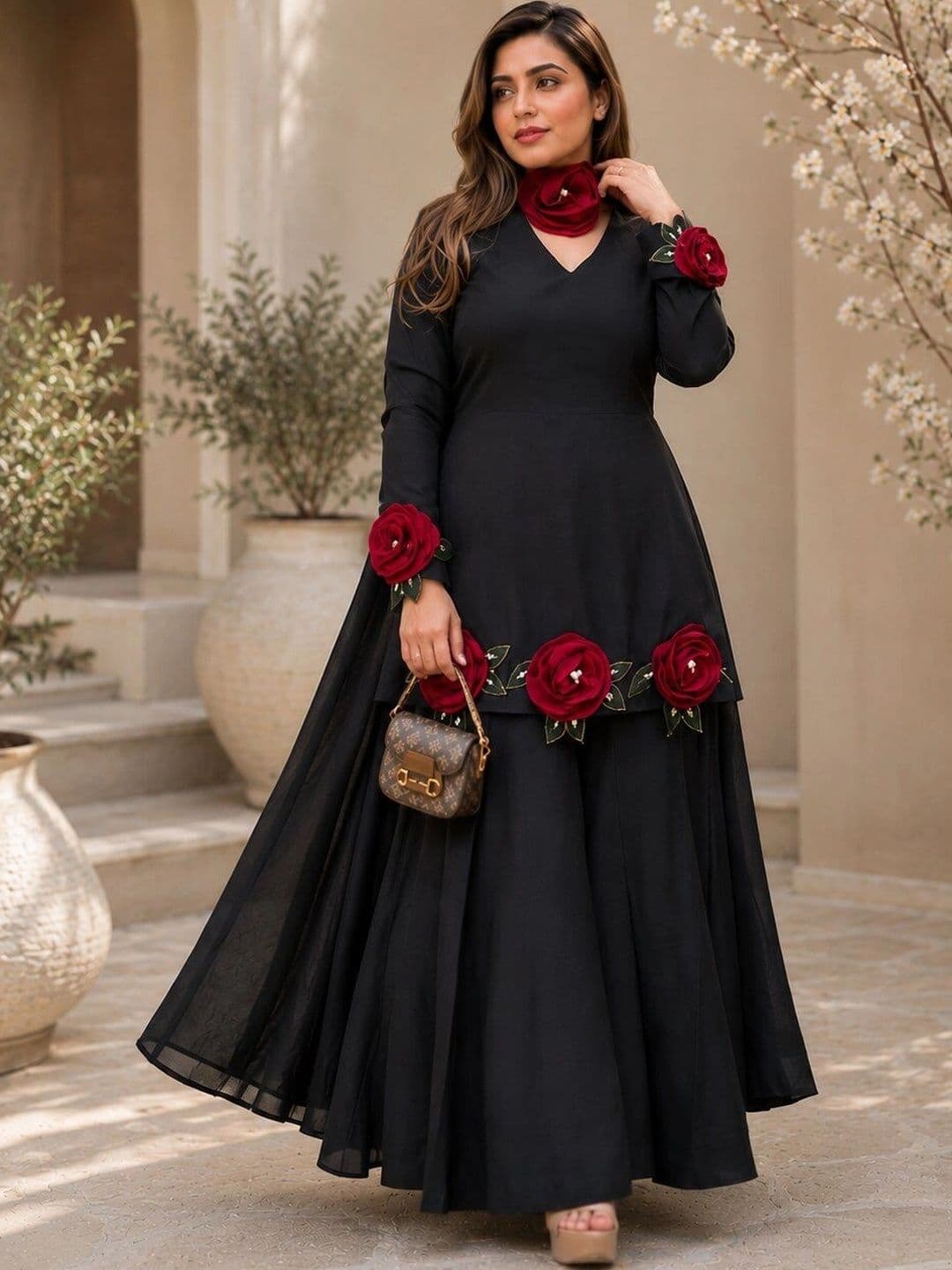 KALINI Women Floral Embroidered Empire Thread Work Silk Crepe Kurta with Palazzos thumbnail 5