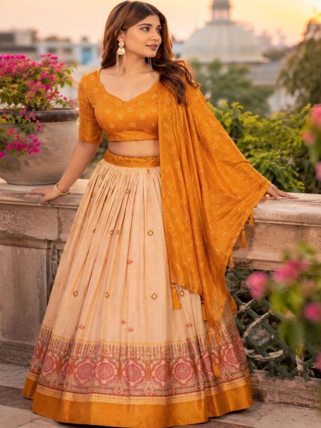House of Pataudi Printed Foil Print Semi-Stitched Lehenga & Unstitched Blouse With Dupatta thumbnail 5