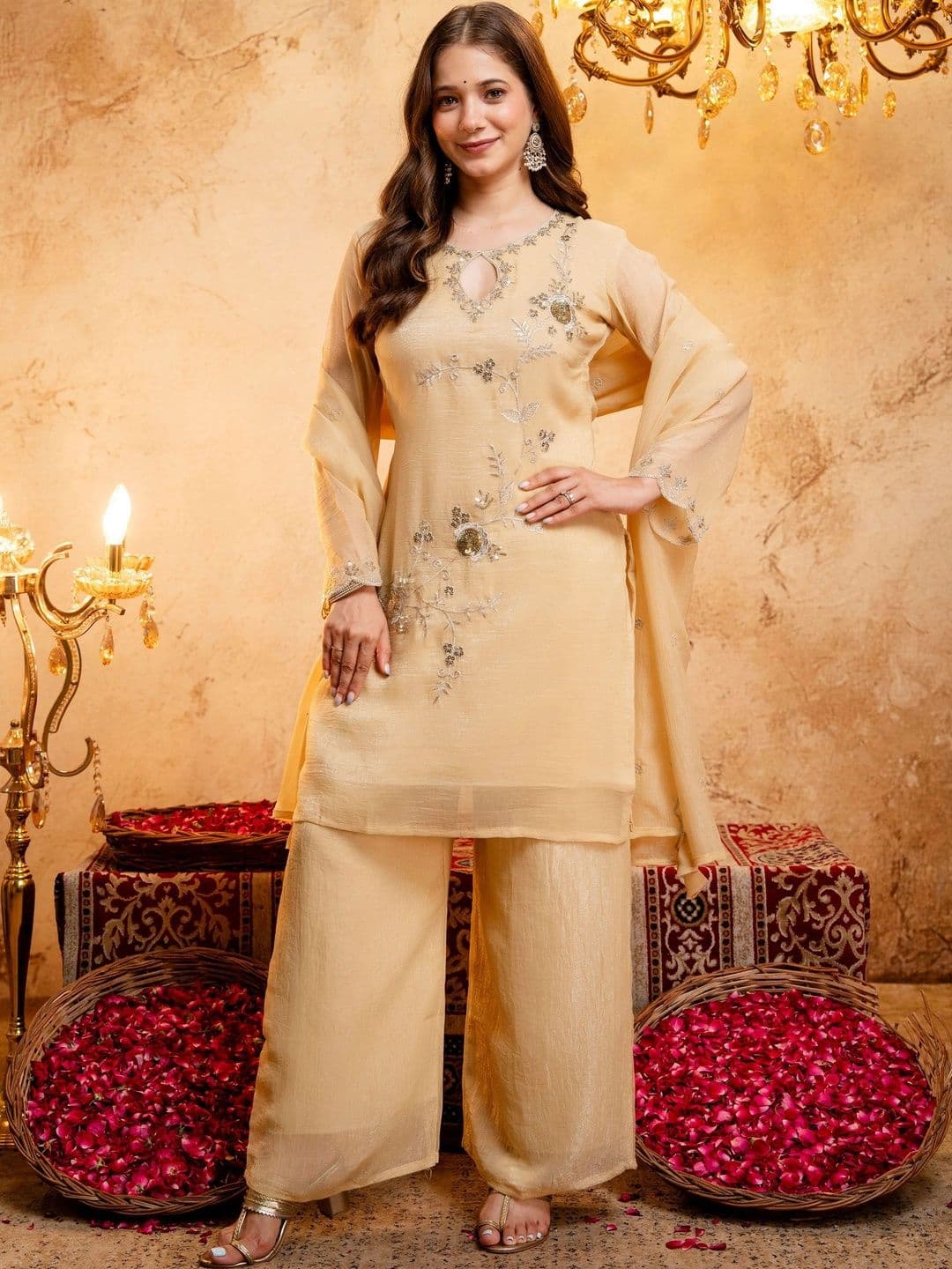 HERE&NOW Women Ethnic Motifs Embroidered Sequinned Kurta with Palazzos & With Dupatta thumbnail 4