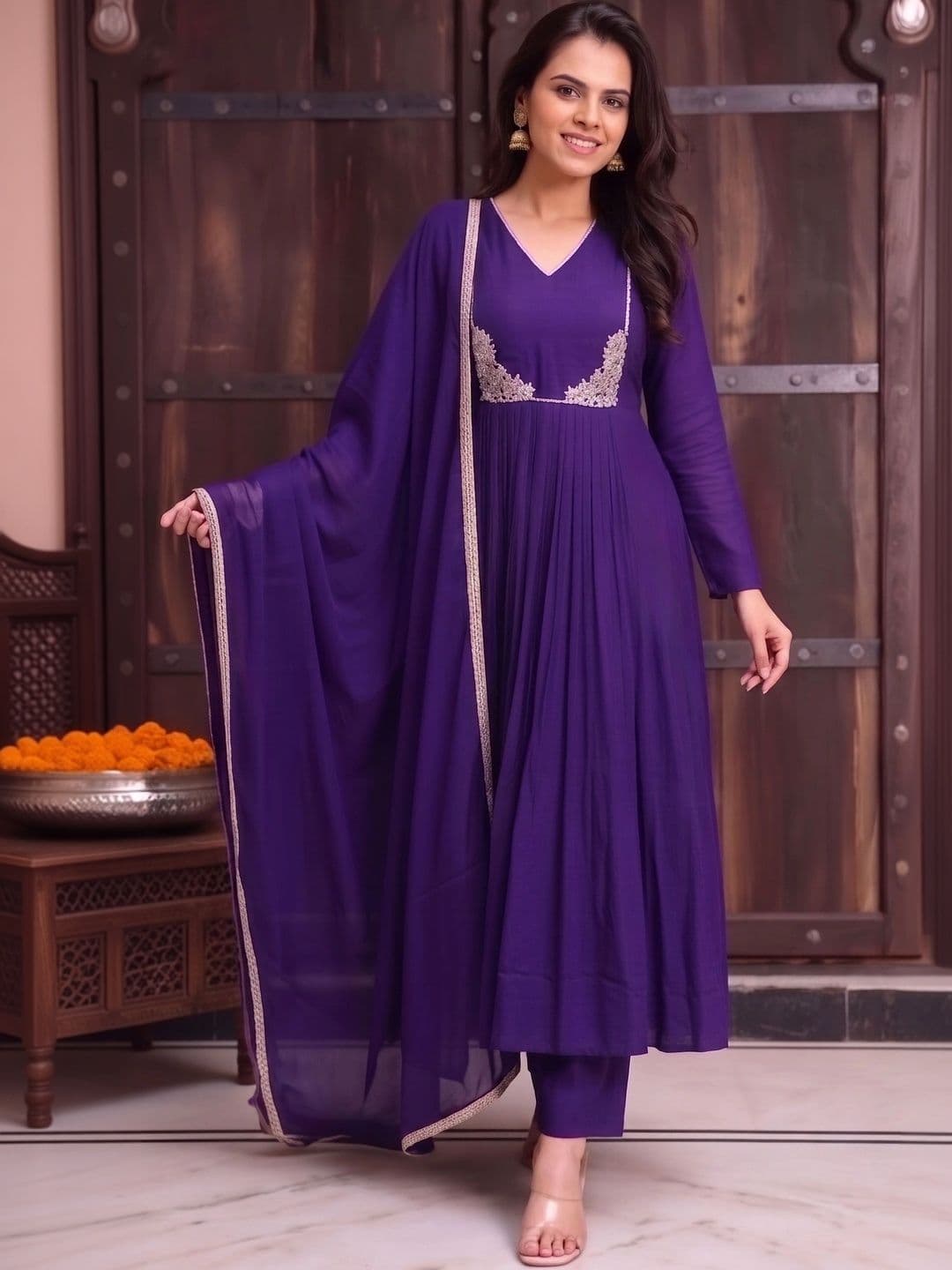 Zoomera Women Ethnic Motifs Embroidered Empire Chanderi Silk Kurta with Trousers & With Dupatta thumbnail 6
