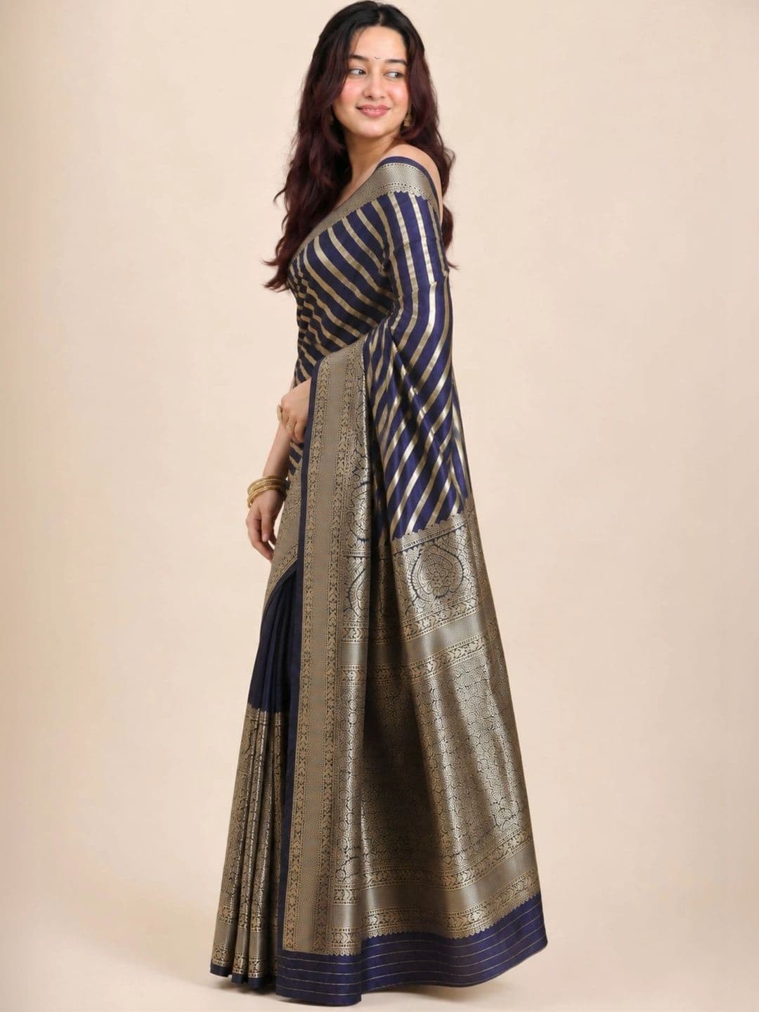 all about you Striped Zari Satin Banarasi Saree thumbnail 6