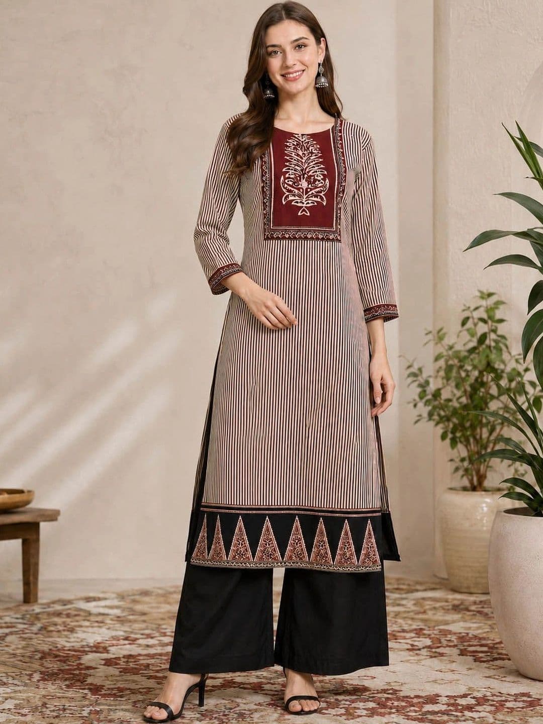 Anouk Women Striped Regular Pure Cotton Kurta with Palazzos & With Dupatta thumbnail 2
