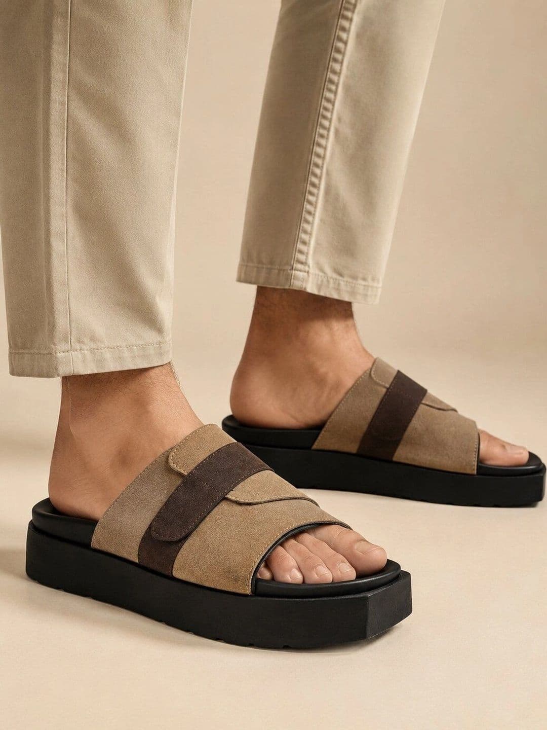 San Frissco Men Beige Suede Wide Strap Sandals with Cushioned Footbed & Chunky Sole - view 1