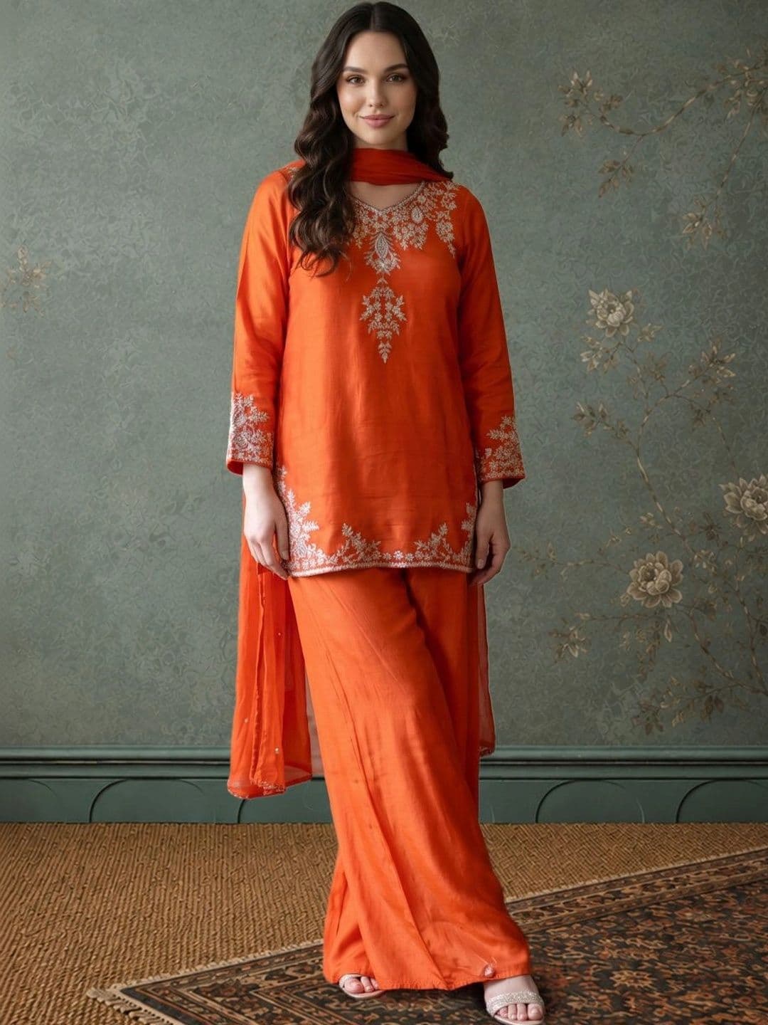 Sangria Women Ethnic Motifs Embroidered Regular Thread Work Kurta with Palazzos & With Dupatta - view 1