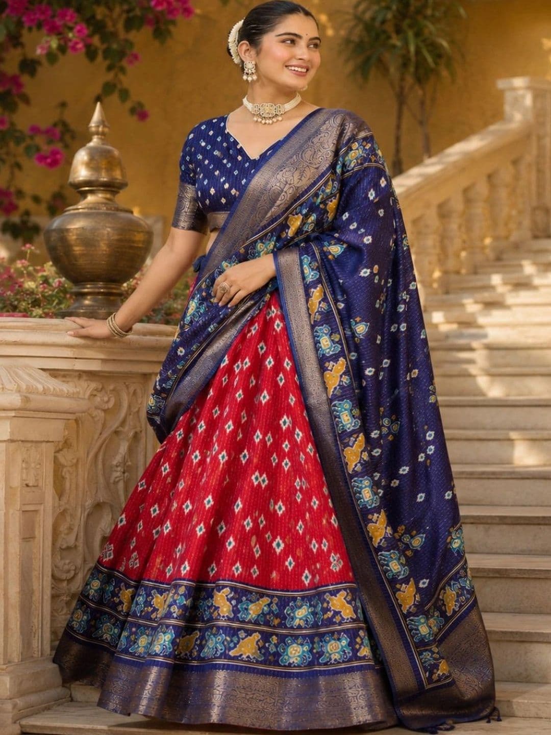 House of Pataudi Ikat Semi-Stitched Lehenga & Unstitched Blouse With Dupatta thumbnail 4