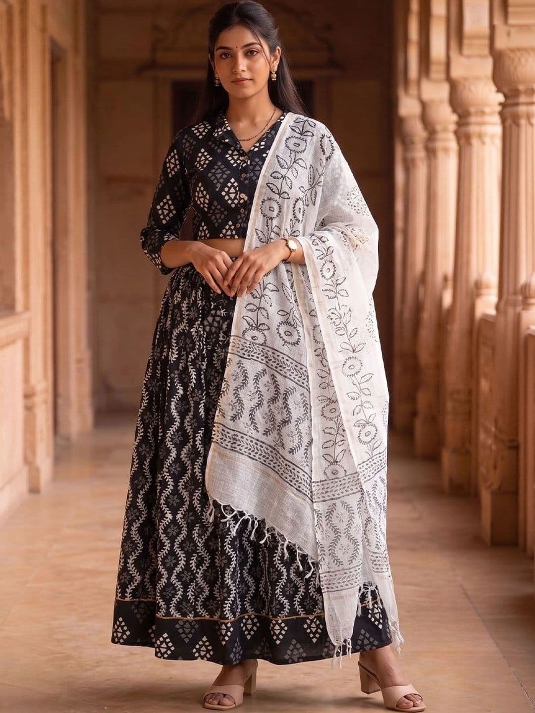 Avishya Printed Block Print Ready to Wear Lehenga & Blouse With Dupatta - view 1