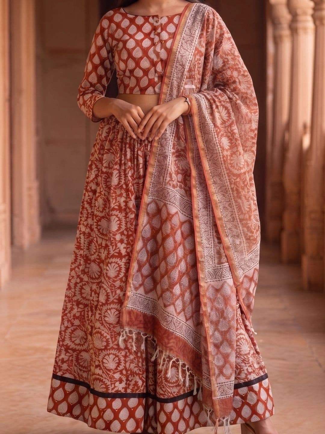 Avishya Printed Block Print Ready to Wear Lehenga & Blouse With Dupatta thumbnail 7