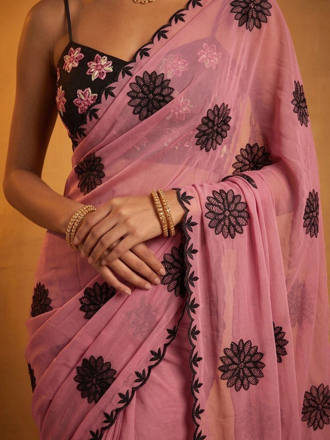 KINDA DESI Ethnic Motifs Embroidered Poly Georgette Fusion Saree thumbnail 5