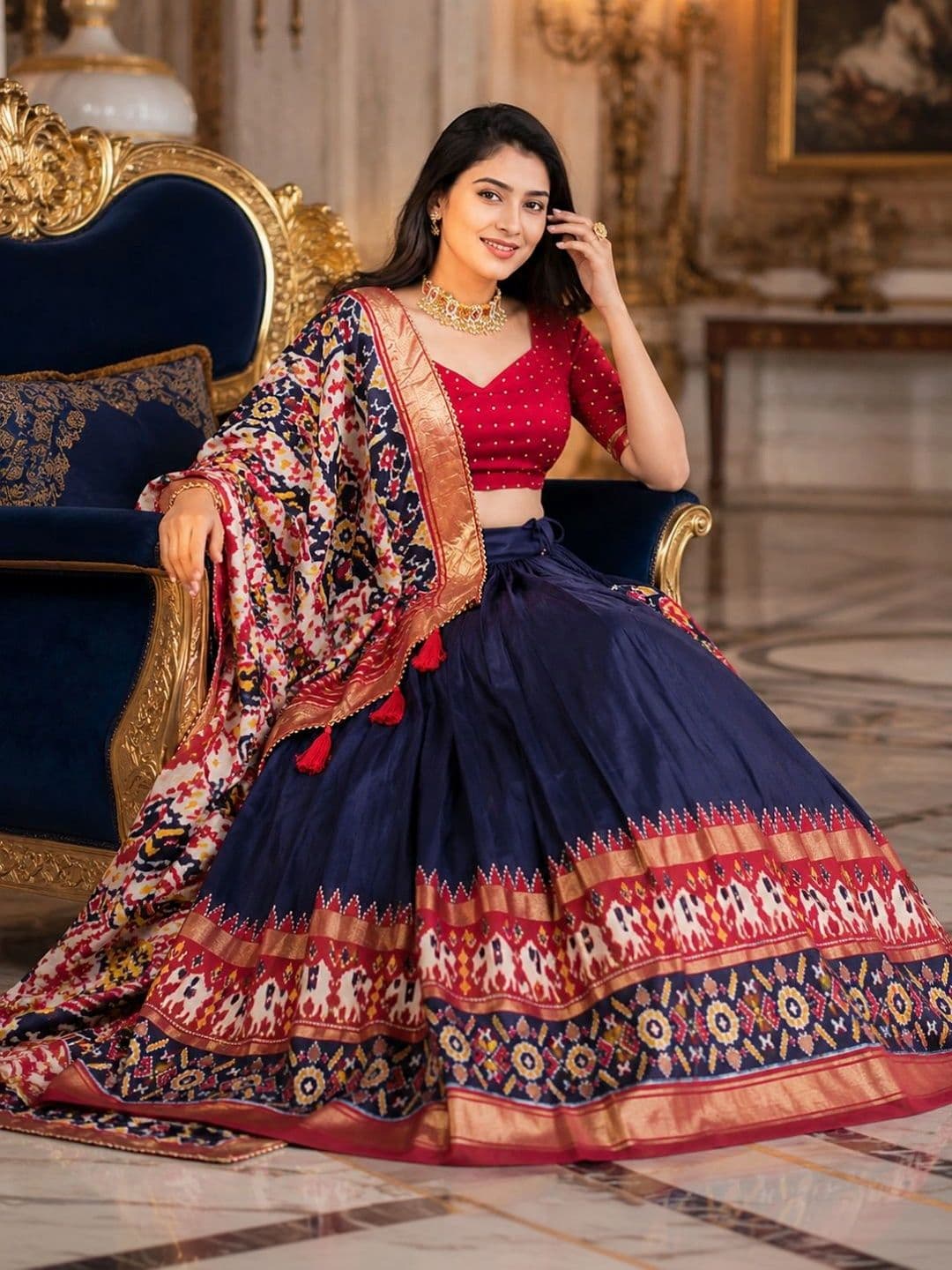 House of Pataudi Embellished Ikat Semi-Stitched Lehenga & Unstitched Blouse With Dupatta thumbnail 3