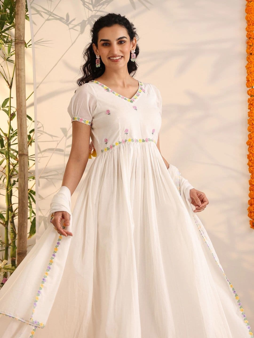 Khushal K Women Floral Embroidered Empire Thread Work Pure Cotton Kurta with Palazzos & With Dupatta thumbnail 7
