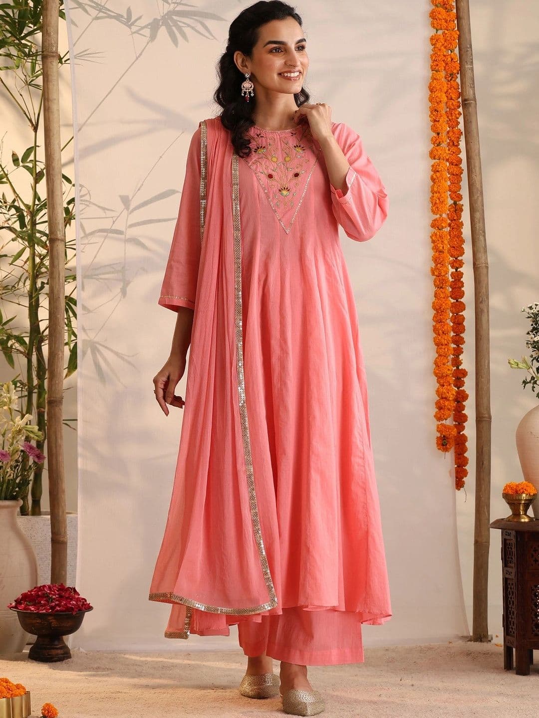 Khushal K Women Floral Embroidered Empire Thread Work Pure Cotton Kurta with Palazzos & With Dupatta thumbnail 2