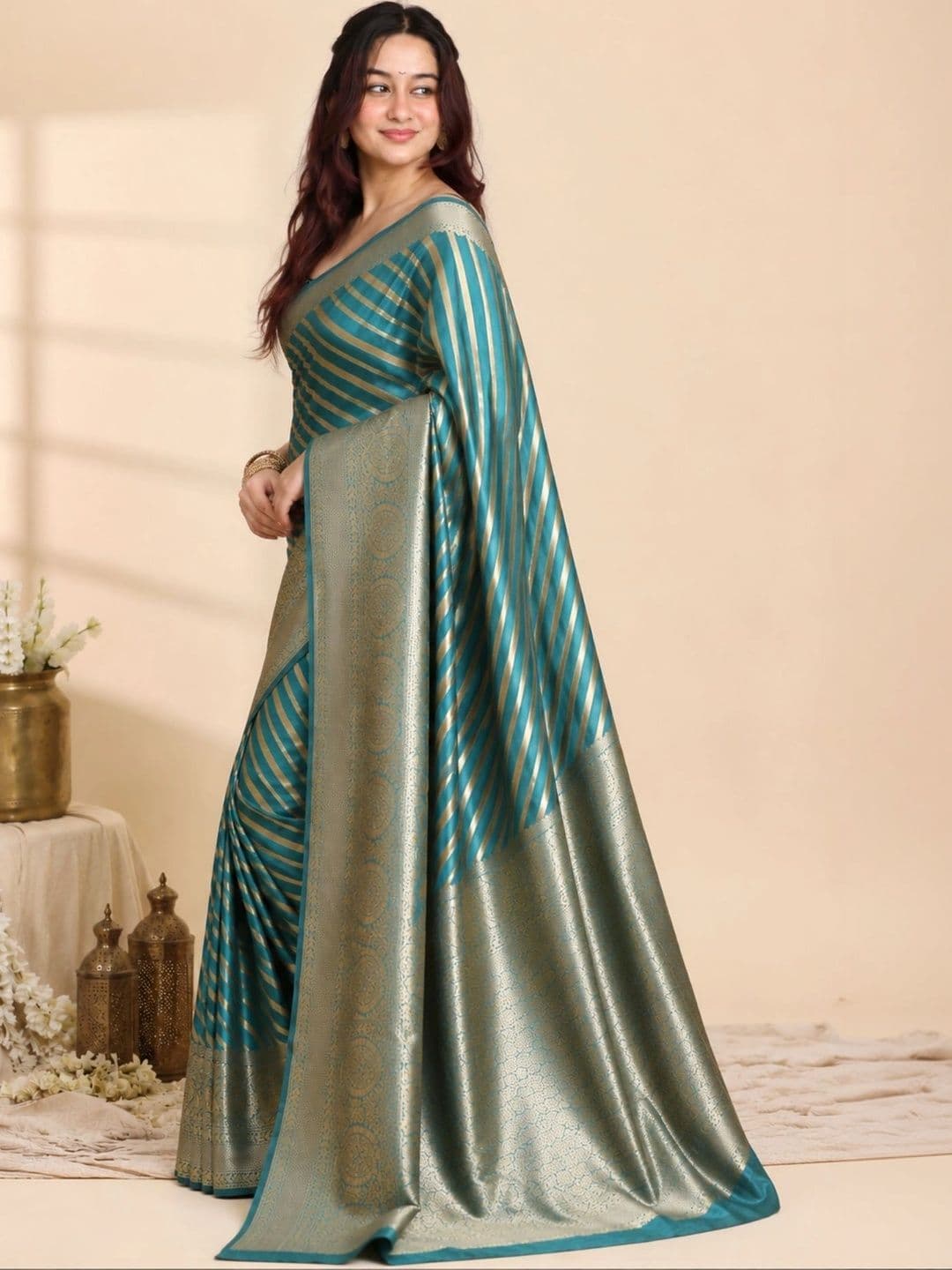 all about you Striped Zari Satin Banarasi Saree thumbnail 2