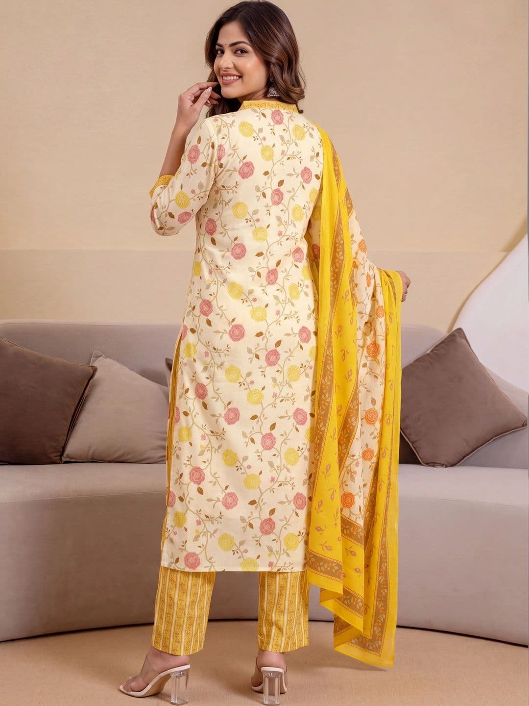 Shree Ramkrishna Fab Women Floral Printed Regular Thread Work Pure Cotton Kurta with Trousers & With Dupatta thumbnail 4