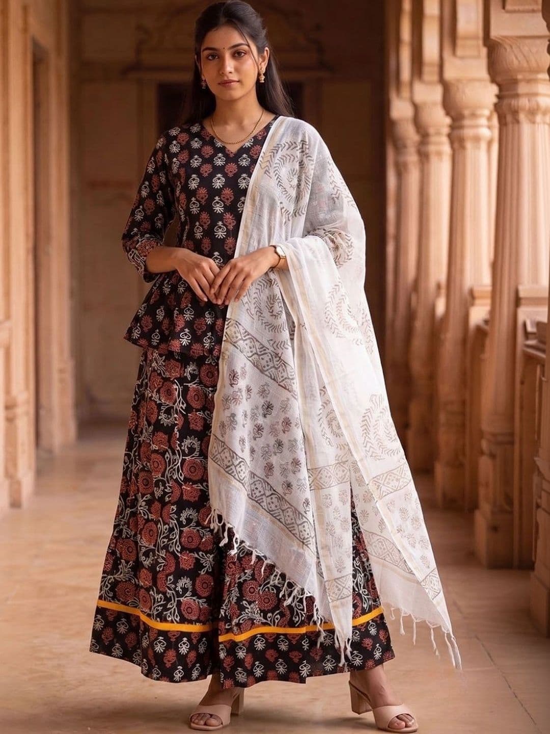 Avishya Printed Block Print Ready to Wear Lehenga & Blouse With Dupatta - view 1