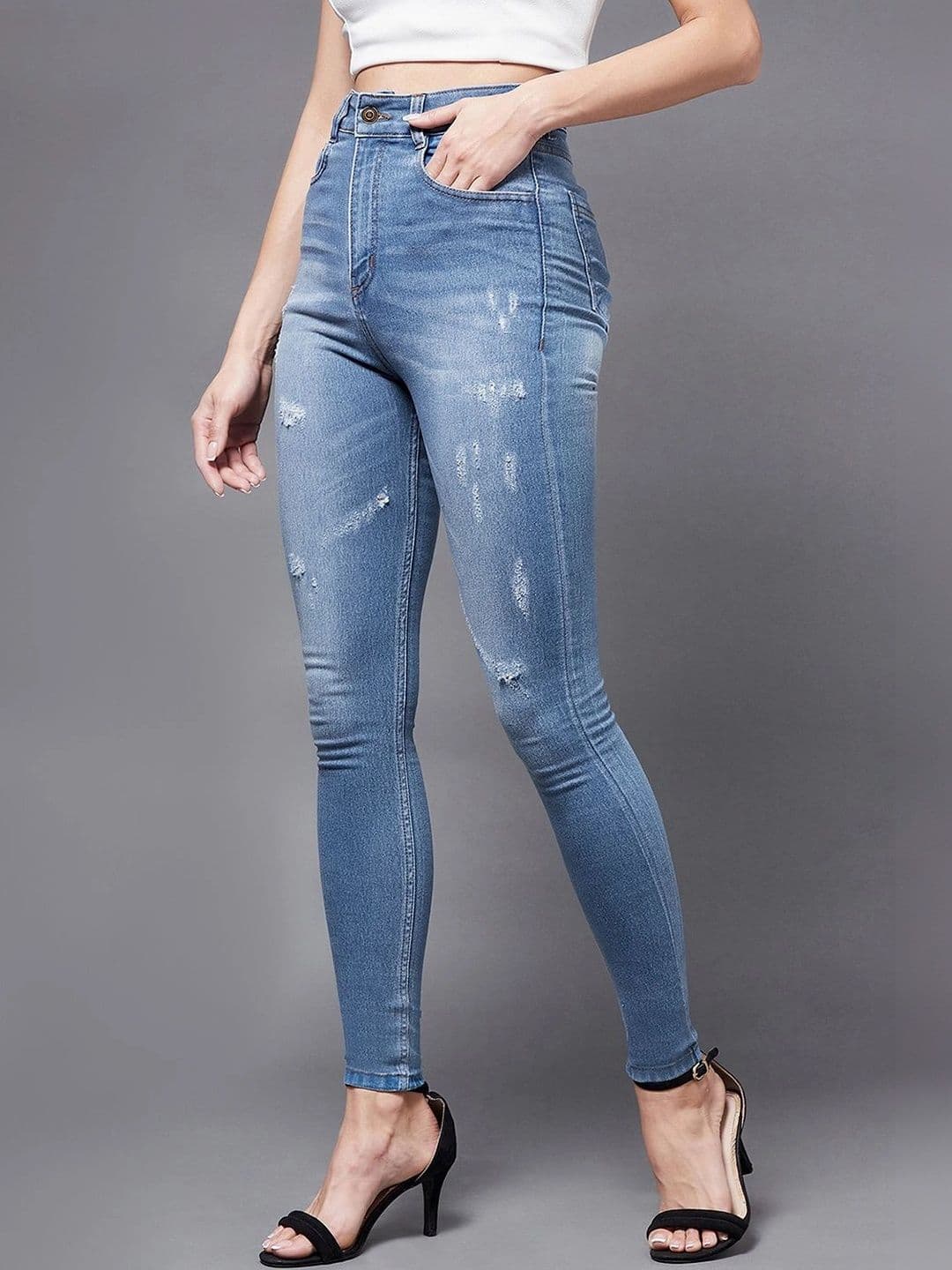 Mast & Harbour Women Skinny Fit High-Rise Mildly Distressed Light Fade Stretchable Jeans thumbnail 4