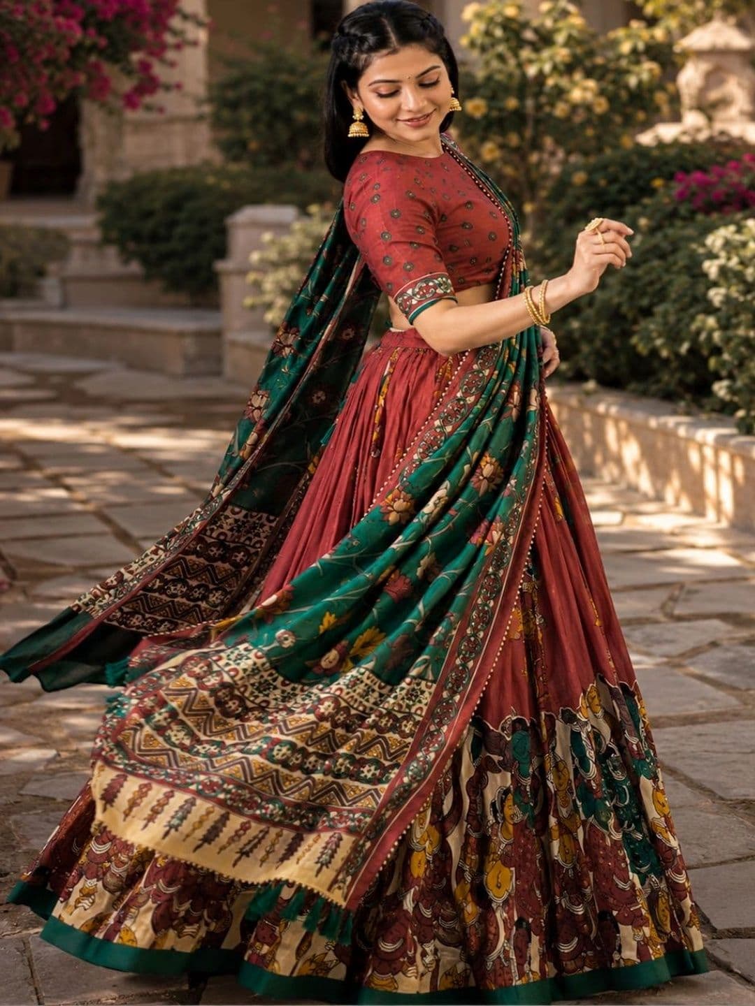House of Pataudi Printed Kalamkari Semi-Stitched Lehenga & Unstitched Blouse With Dupatta thumbnail 3