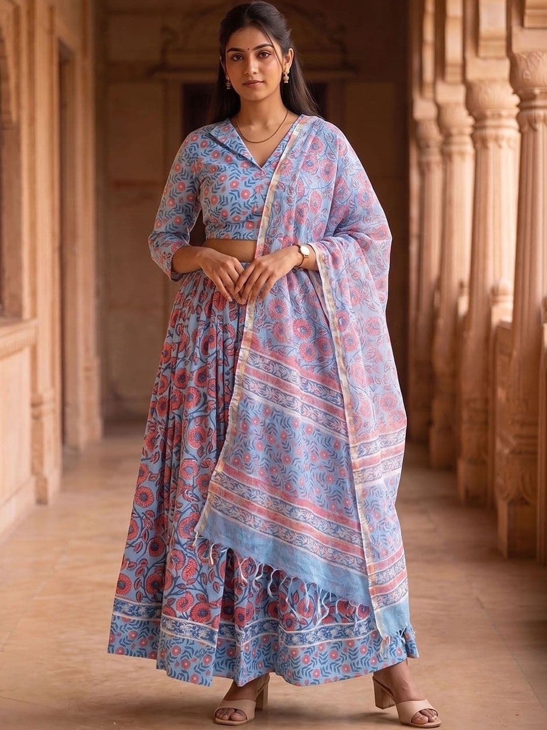 Avishya Printed Block Print Ready to Wear Lehenga & Blouse With Dupatta - view 1