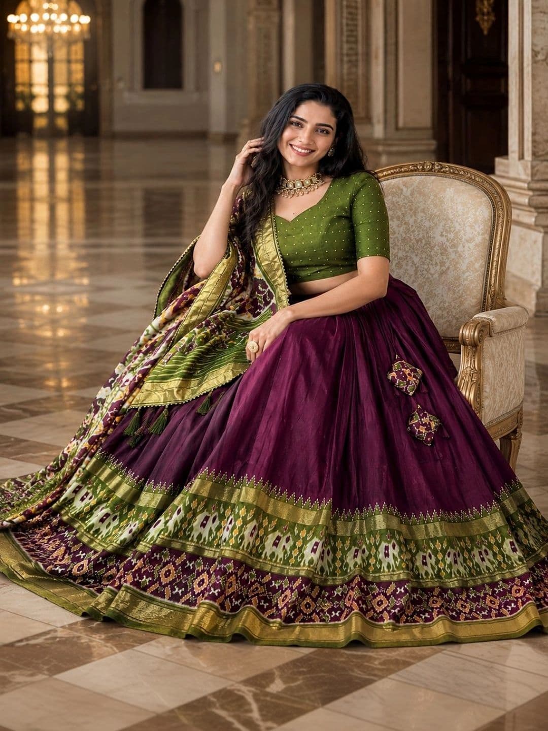 House of Pataudi Thread Work Ikat Semi-Lehenga & Unstitched Blouse With Dupatta thumbnail 5