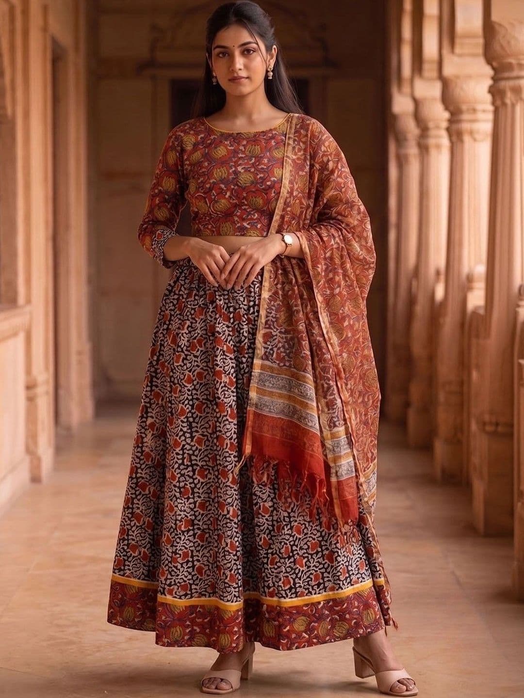 Avishya Printed Block Print Ready to Wear Lehenga & Blouse With Dupatta - view 1
