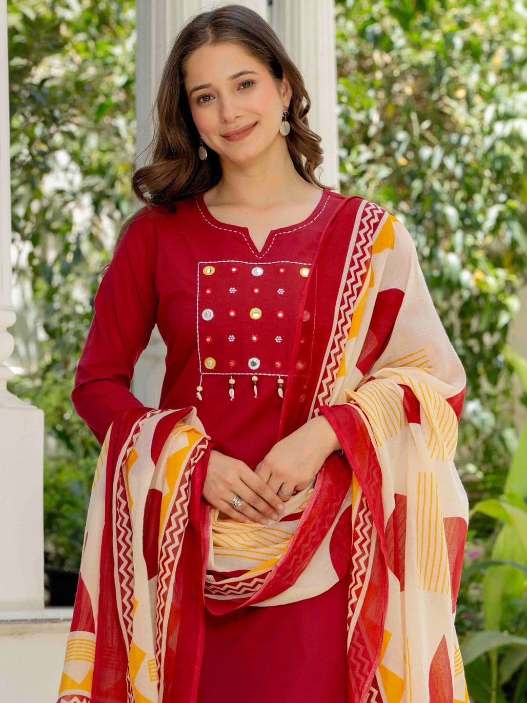 JAIPUR SARAI Yoke Design Mirror Work Pure Cotton Kurta with Trousers & Dupatta - view 1