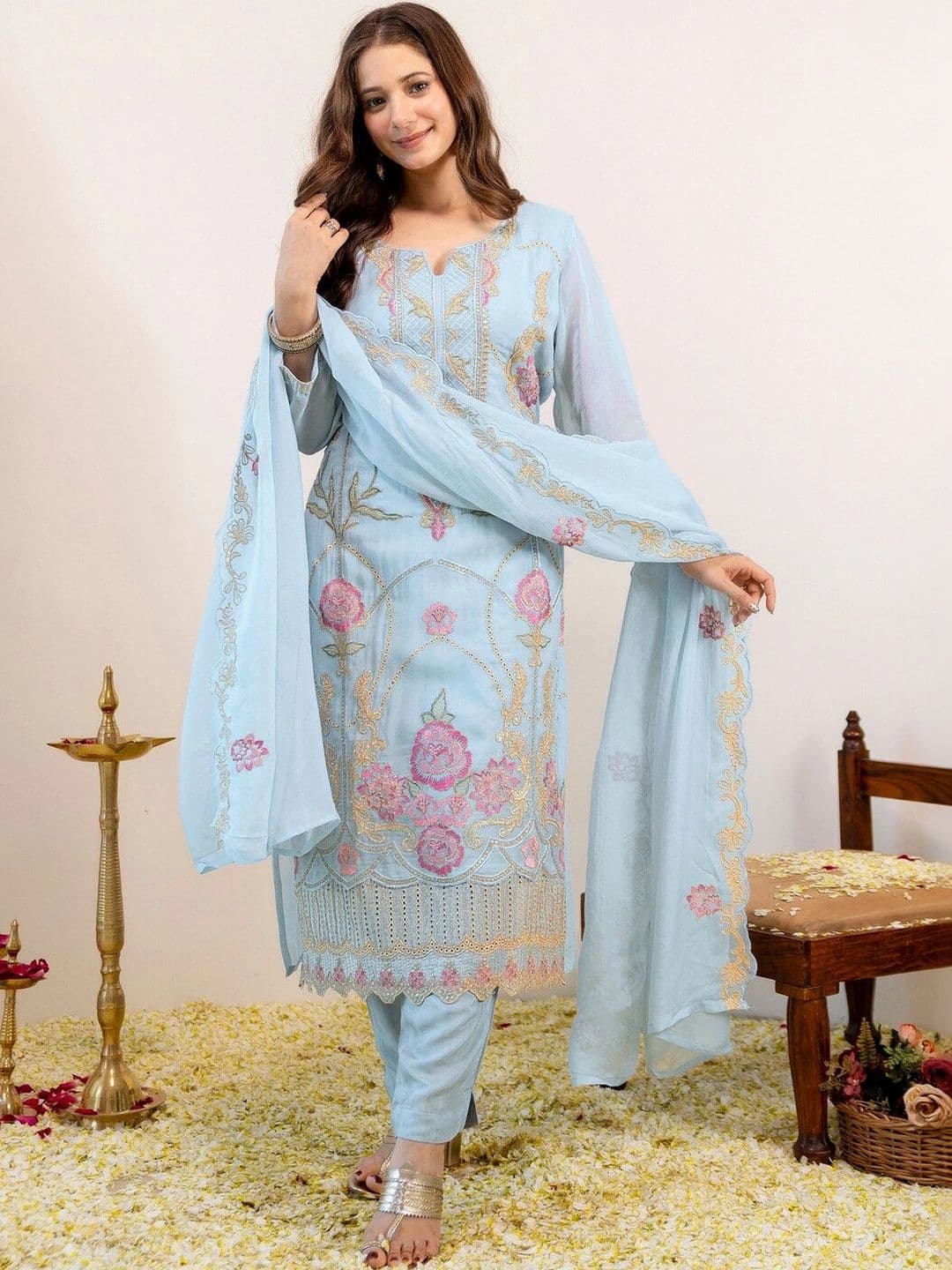 SKYLEE Women Floral Embroidered Regular Thread Work Kurta with Trousers & With Dupatta - view 1