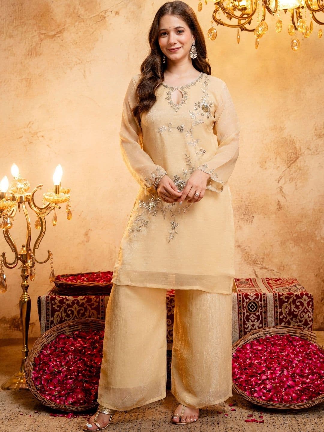 HERE&NOW Women Ethnic Motifs Embroidered Sequinned Kurta with Palazzos & With Dupatta thumbnail 3