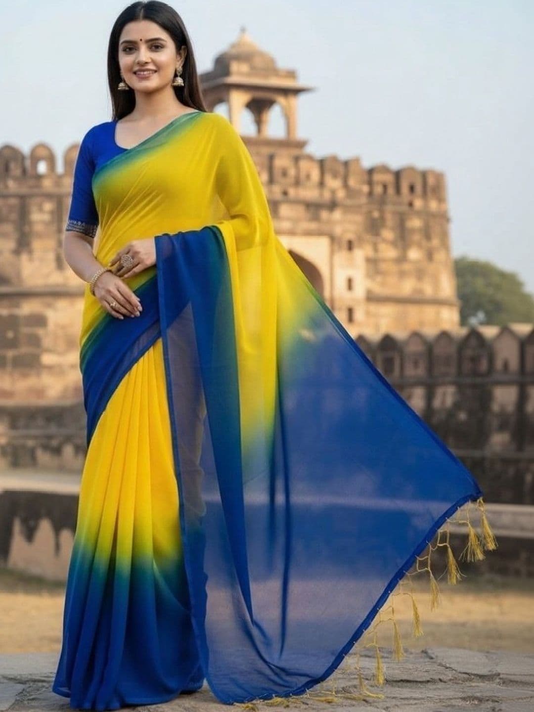 ANJAVI FASHION Ombre Poly Georgette Fusion Saree - view 1