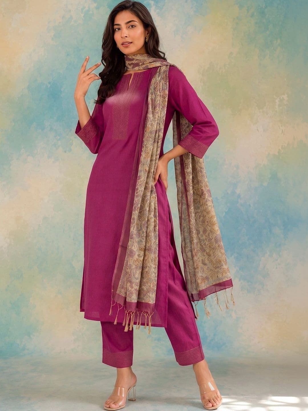 AADVIKA Women Yoke Design Regular Thread Work Kurta with Trousers & With Dupatta thumbnail 5