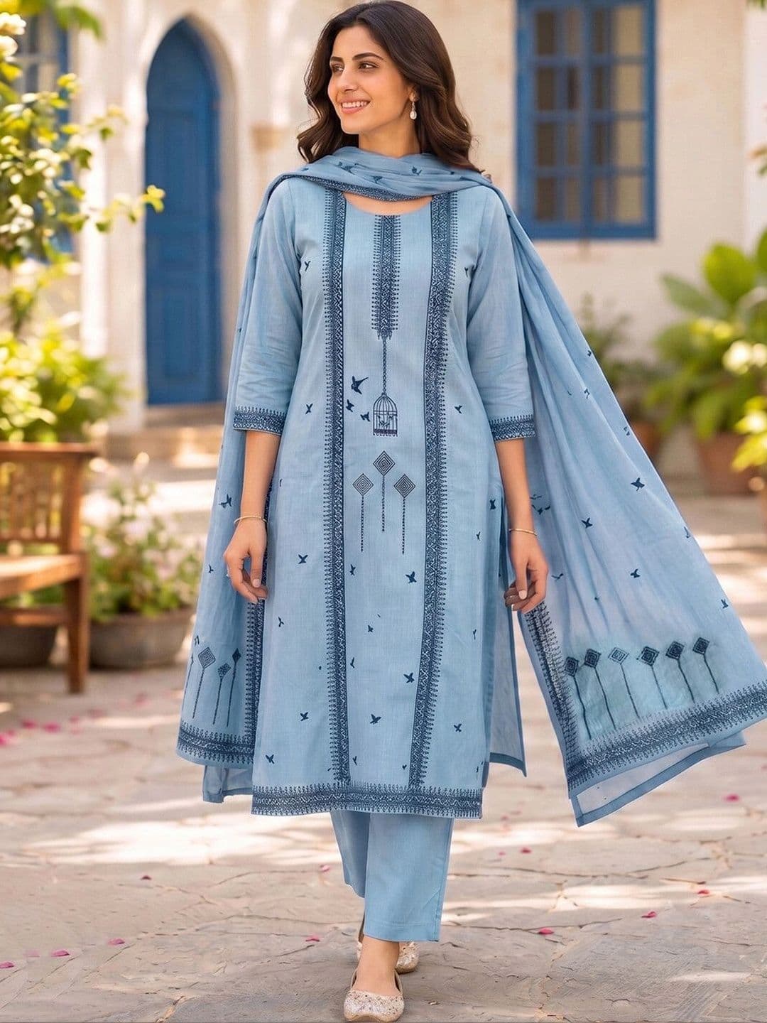 SKYLEE Women Ethnic Motifs Printed Regular Pure Cotton Kurta with Trousers & With Dupatta - view 1