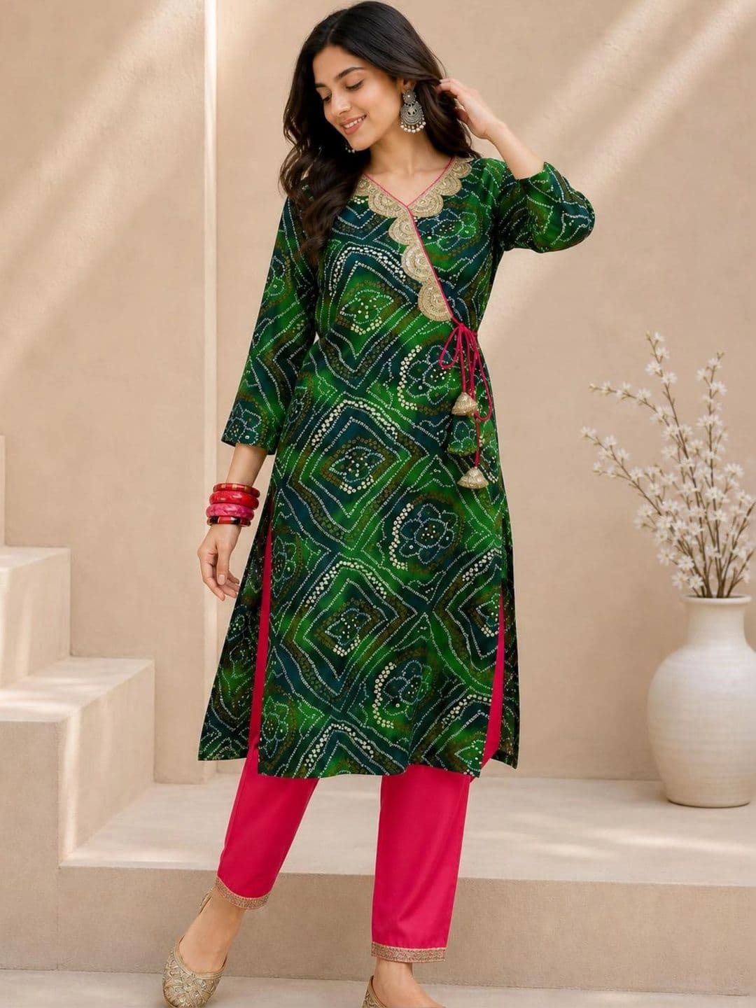 KALINI Women Bandhani Printed Gotta Patti Kurta thumbnail 2