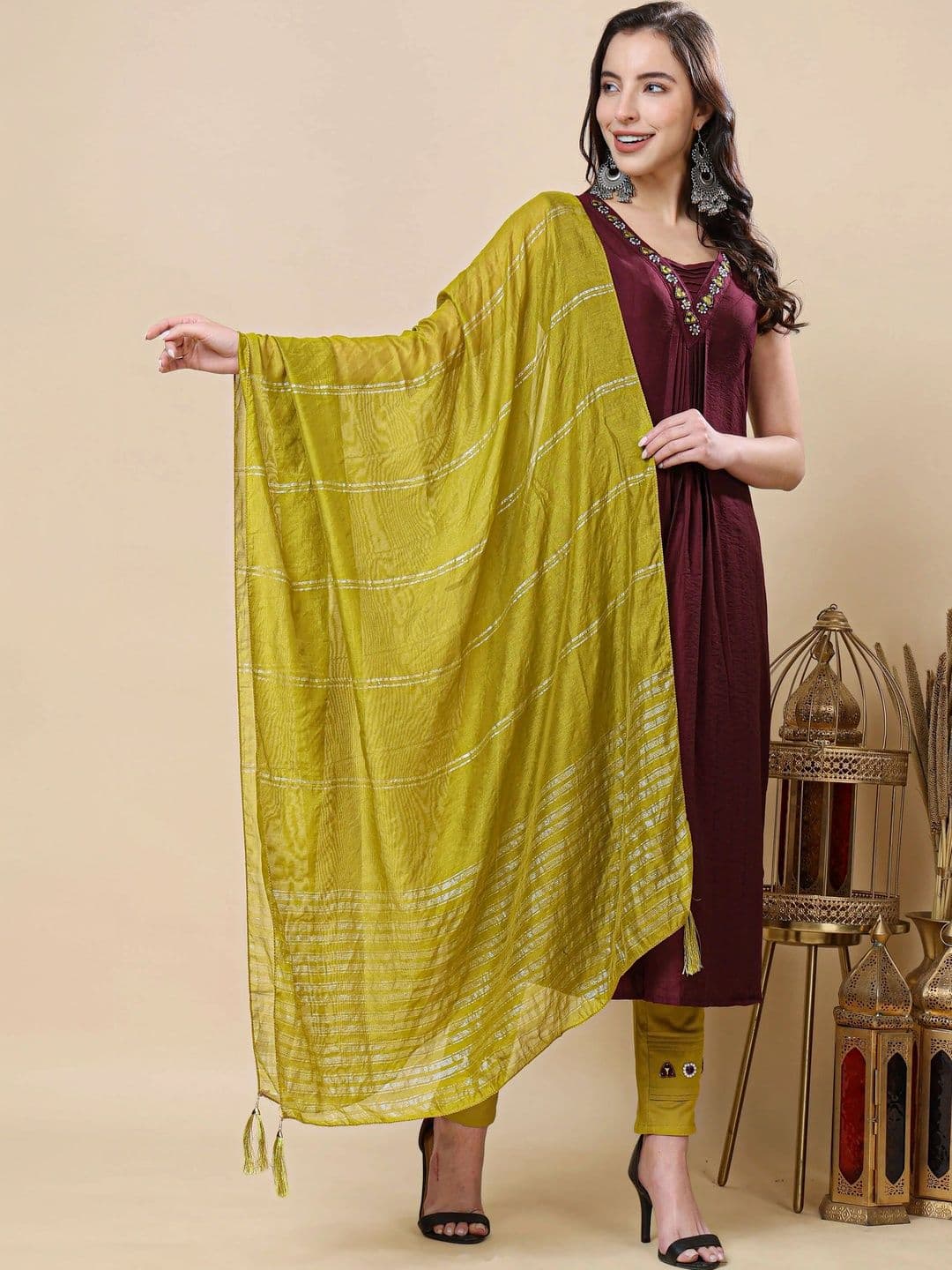 RABRIC Women Ethnic Motifs Embroidered Pleated Thread Work Kurta with Trousers & With Dupatta - view 1