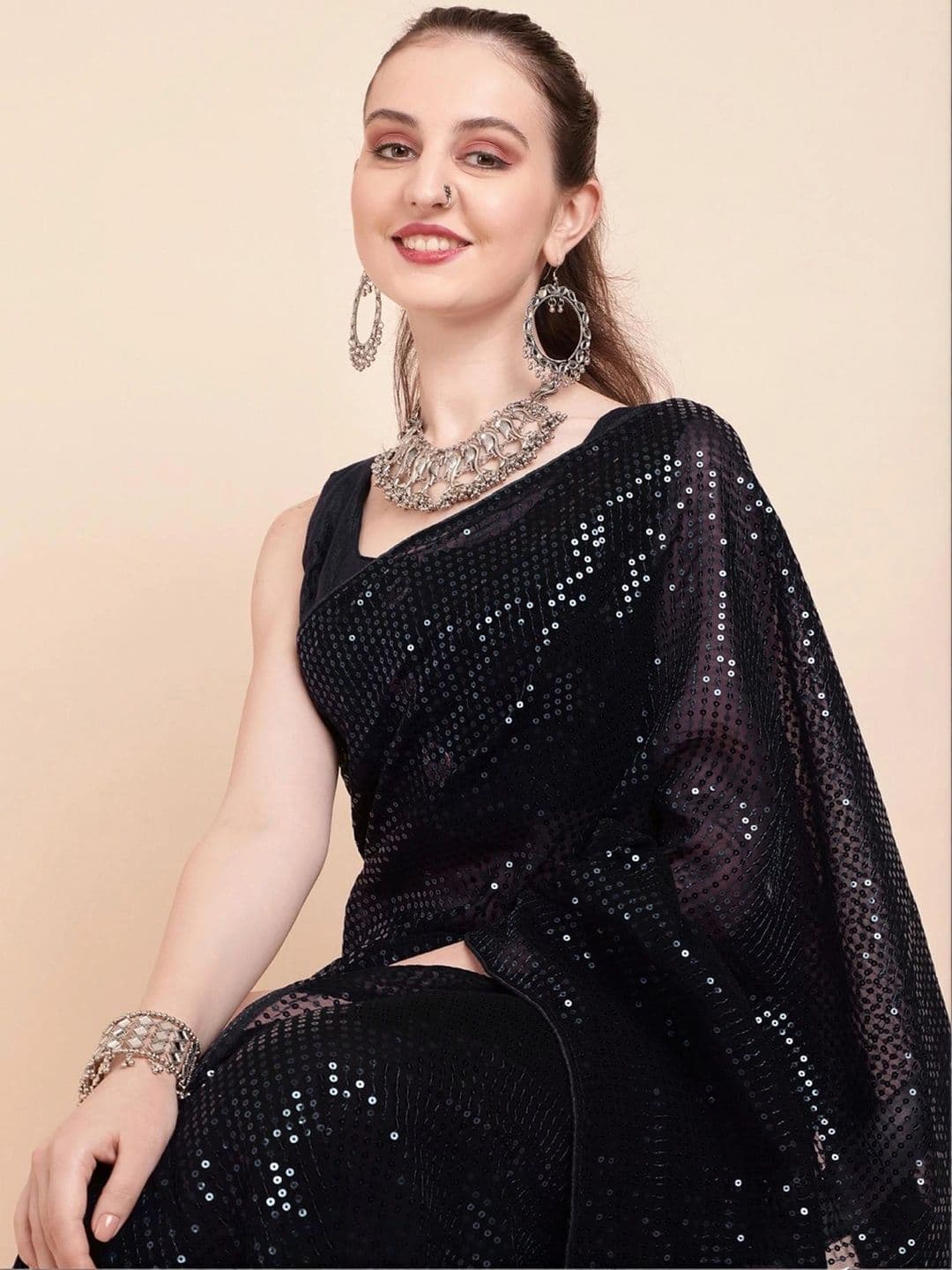 SZN Embellished Sequinned Pure Georgette Designer Saree thumbnail 5