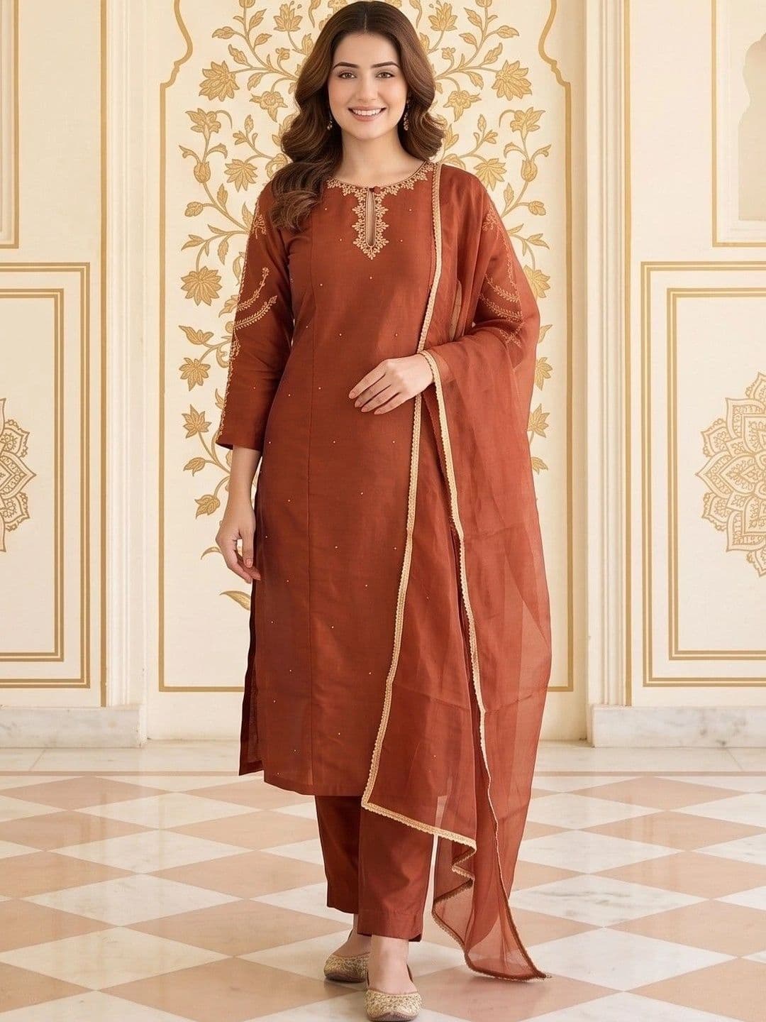 House of Pataudi Women Ethnic Motifs Embroidered Regular Thread Work Kurta with Trousers & With Dupatta - view 1