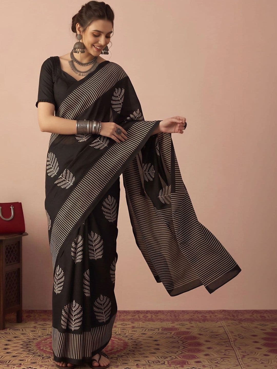 Anouk Floral Silk Blend Designer Block Print Saree thumbnail 7