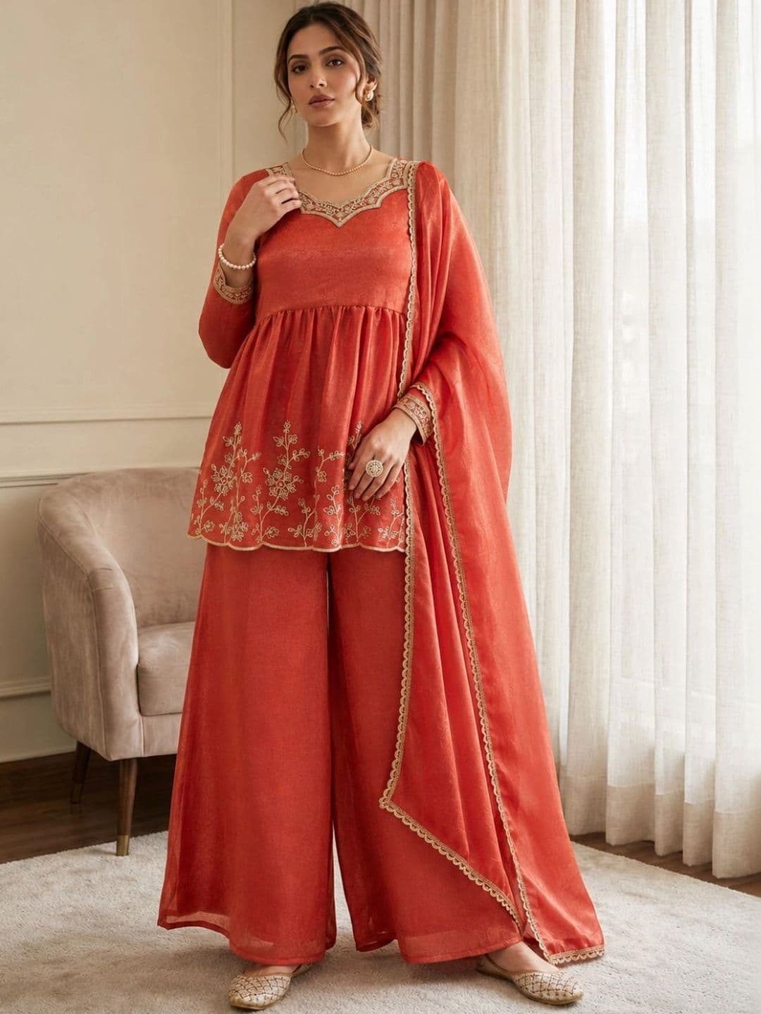 MOKOSH Women Ethnic Motifs Embroidered Empire Pure Silk Kurta with Palazzos & With Dupatta - view 1