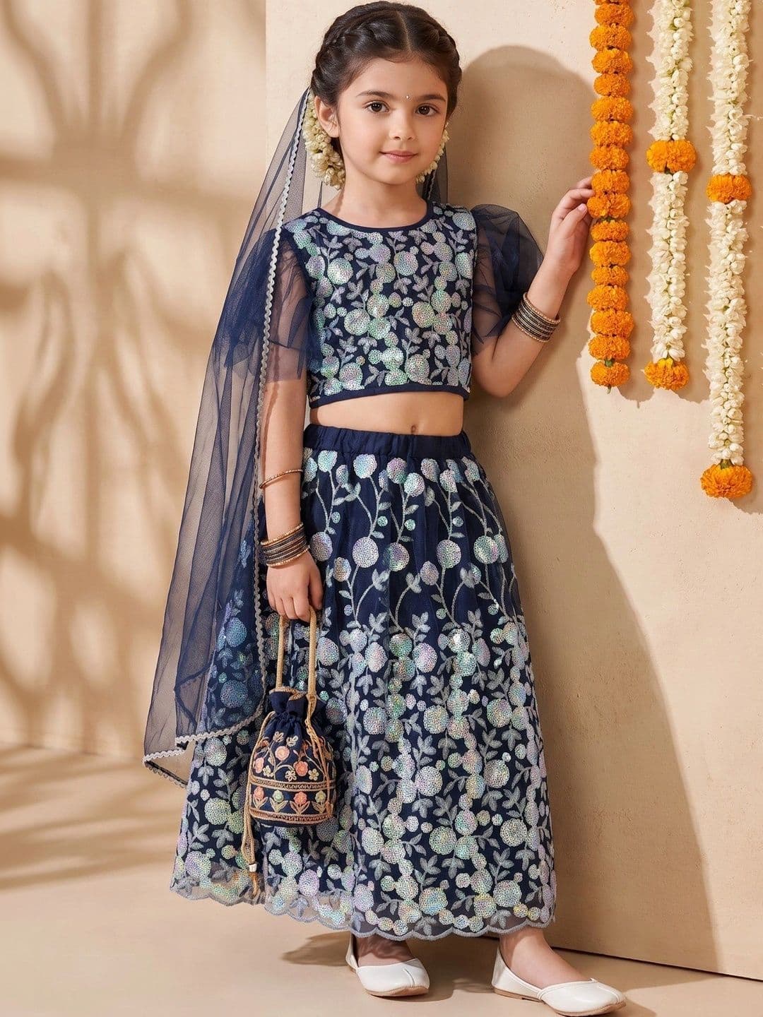 Bella Moda Girls Embellished Sequinned Ready to Wear Lehenga & Blouse With Dupatta - view 1