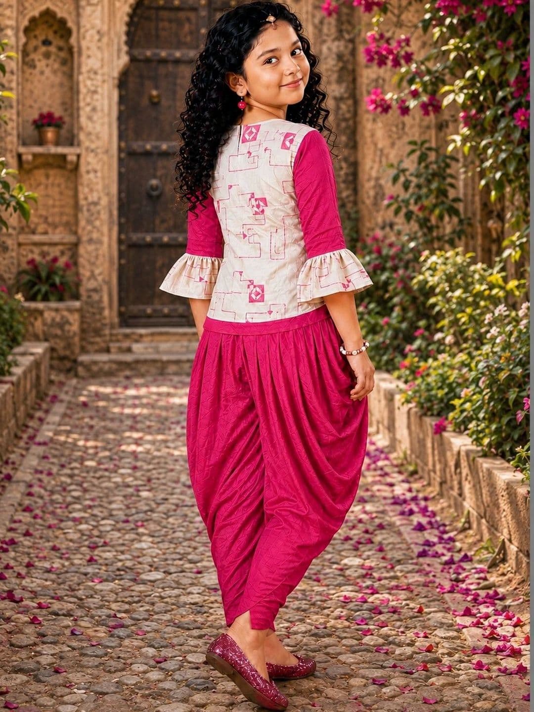 KRISHTINA Girls Printed Top with Dhoti Pants thumbnail 4