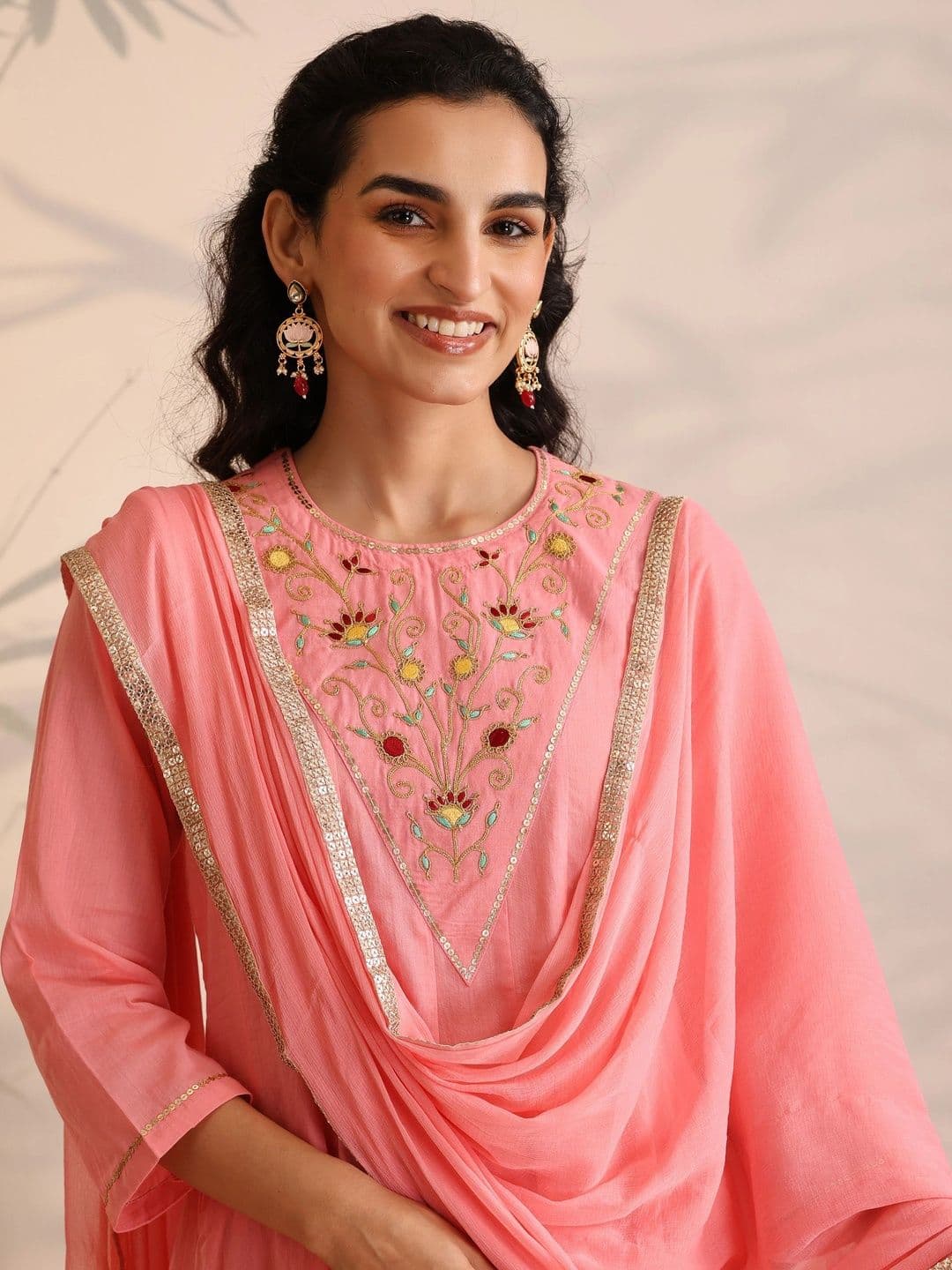 Khushal K Women Floral Embroidered Empire Thread Work Pure Cotton Kurta with Palazzos & With Dupatta thumbnail 4