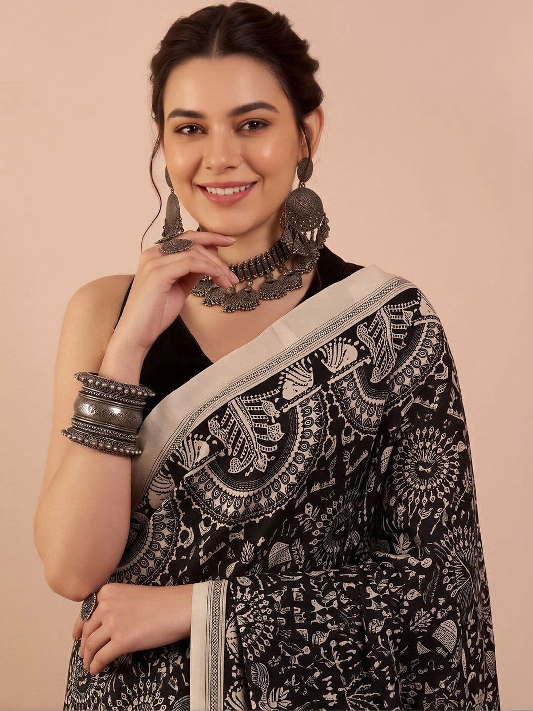Anouk Ethnic Motifs Silk Blend Designer Block Print Saree thumbnail 5