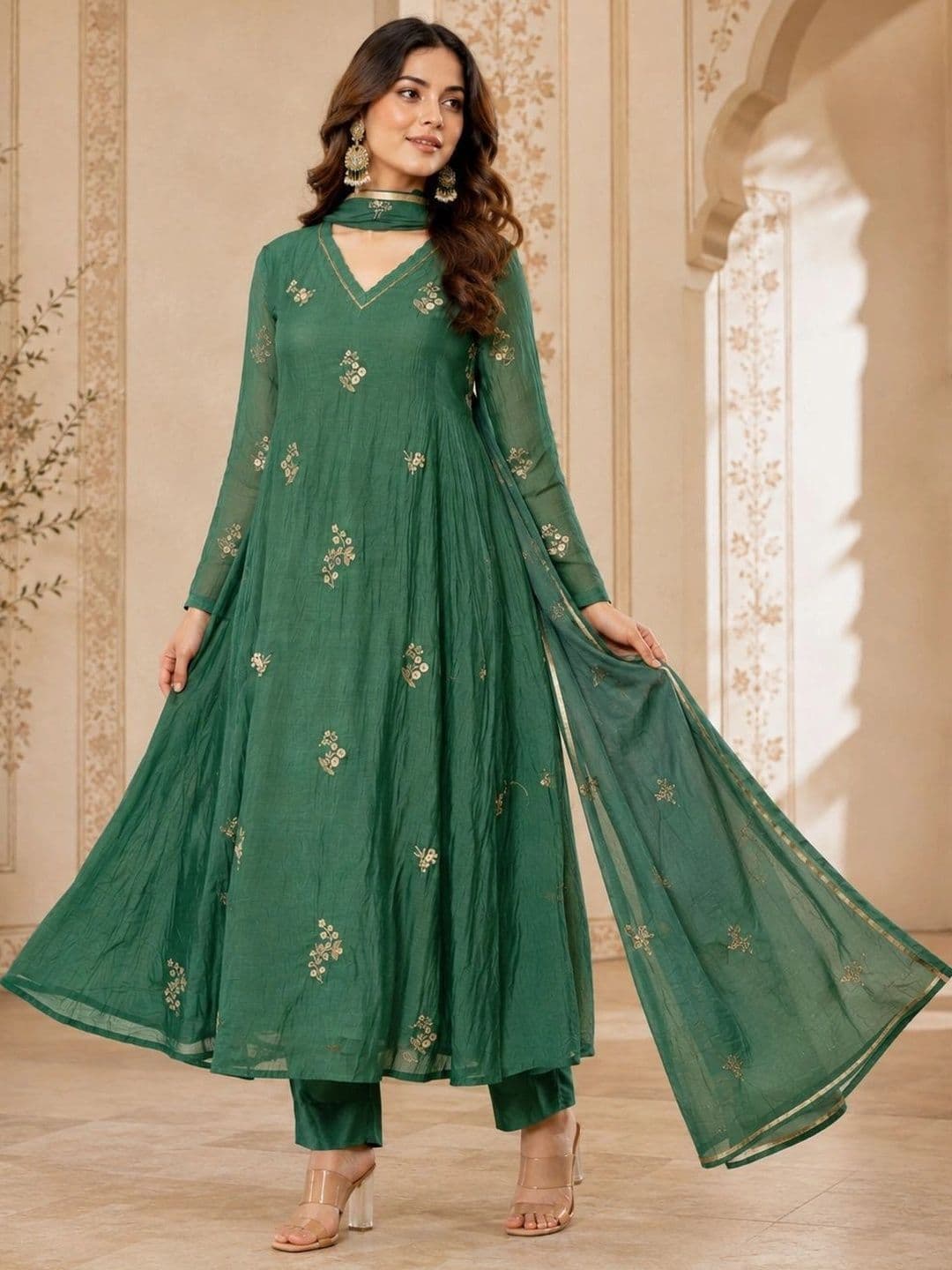 Sangria Women Ethnic Motifs Embroidered Regular Chanderi Silk Kurta with Trousers & With Dupatta - view 1