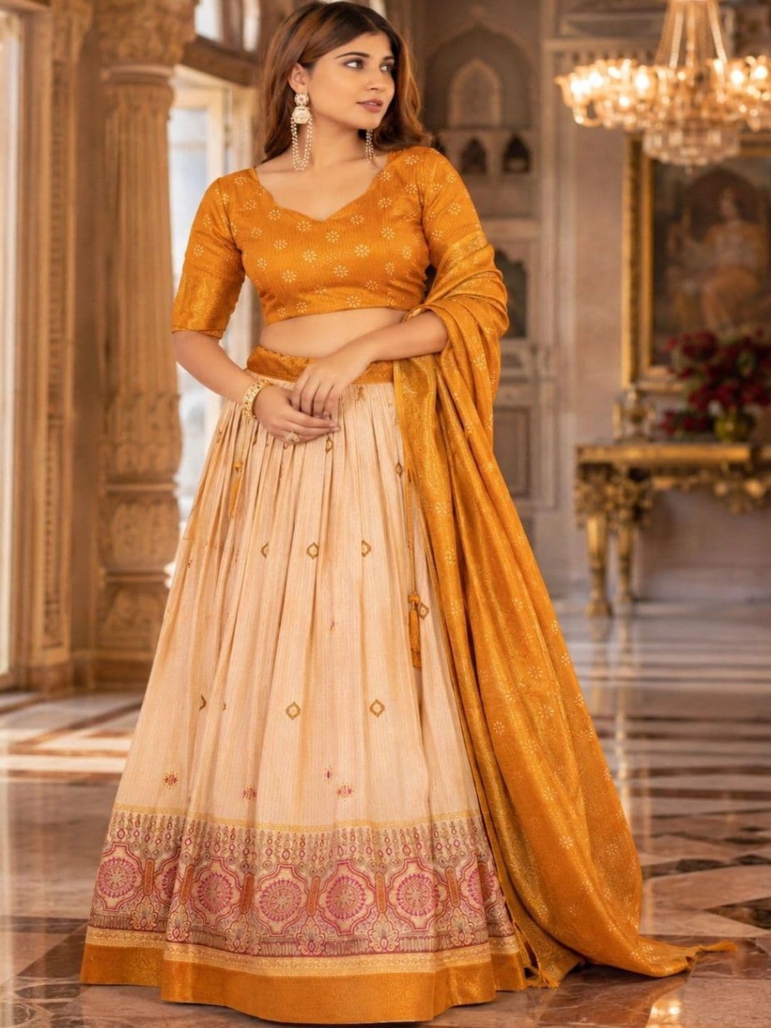House of Pataudi Printed Foil Print Semi-Stitched Lehenga & Unstitched Blouse With Dupatta thumbnail 4