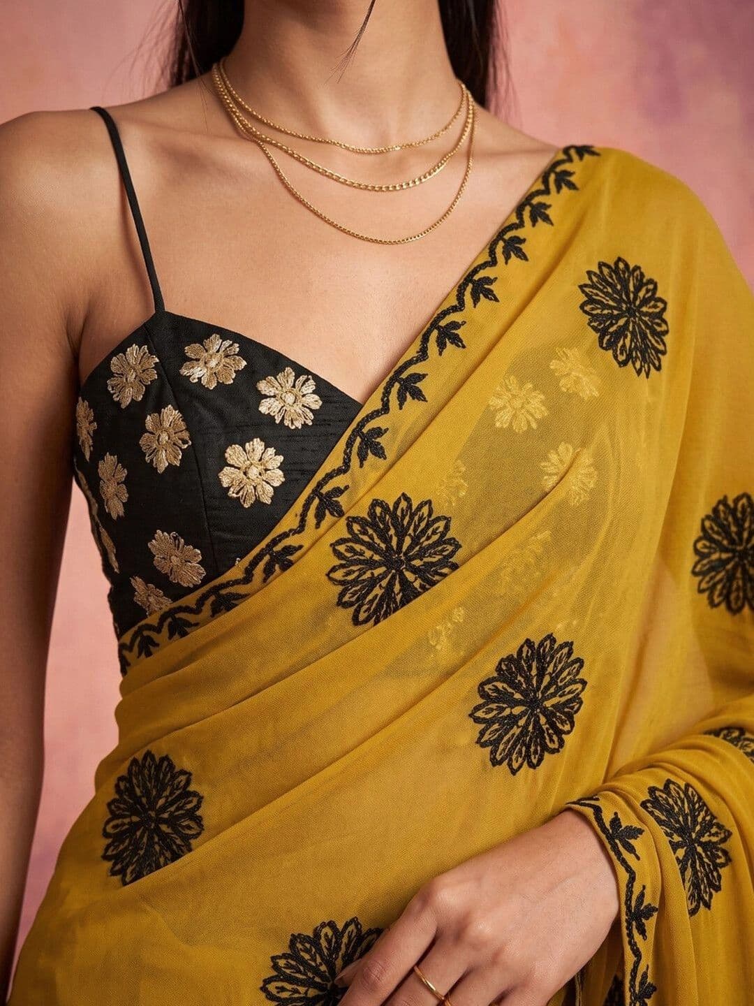 KINDA DESI Ethnic Motifs Embroidered Poly Georgette Fusion Saree thumbnail 7