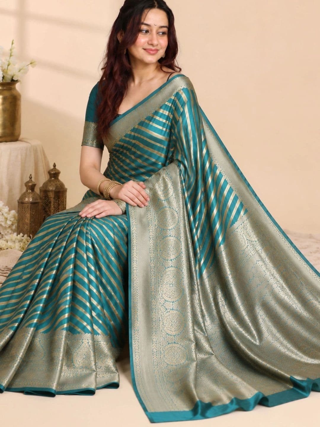 all about you Striped Zari Satin Banarasi Saree thumbnail 4