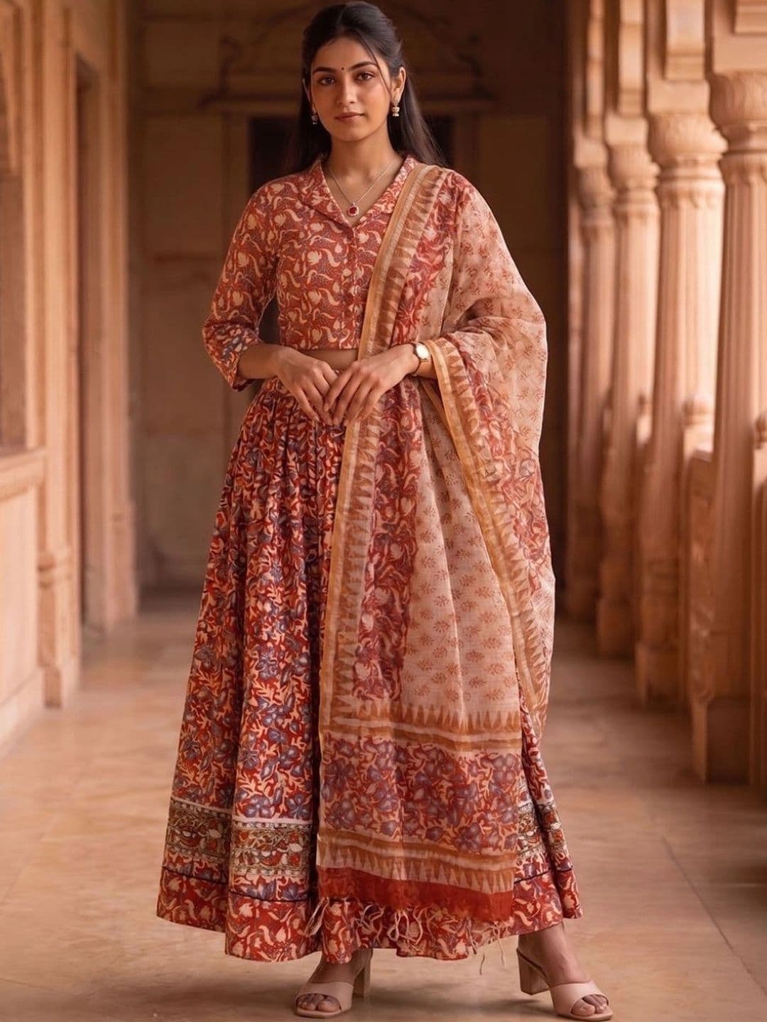 Avishya Printed Block Print Ready to Wear Lehenga & Blouse With Dupatta - view 1