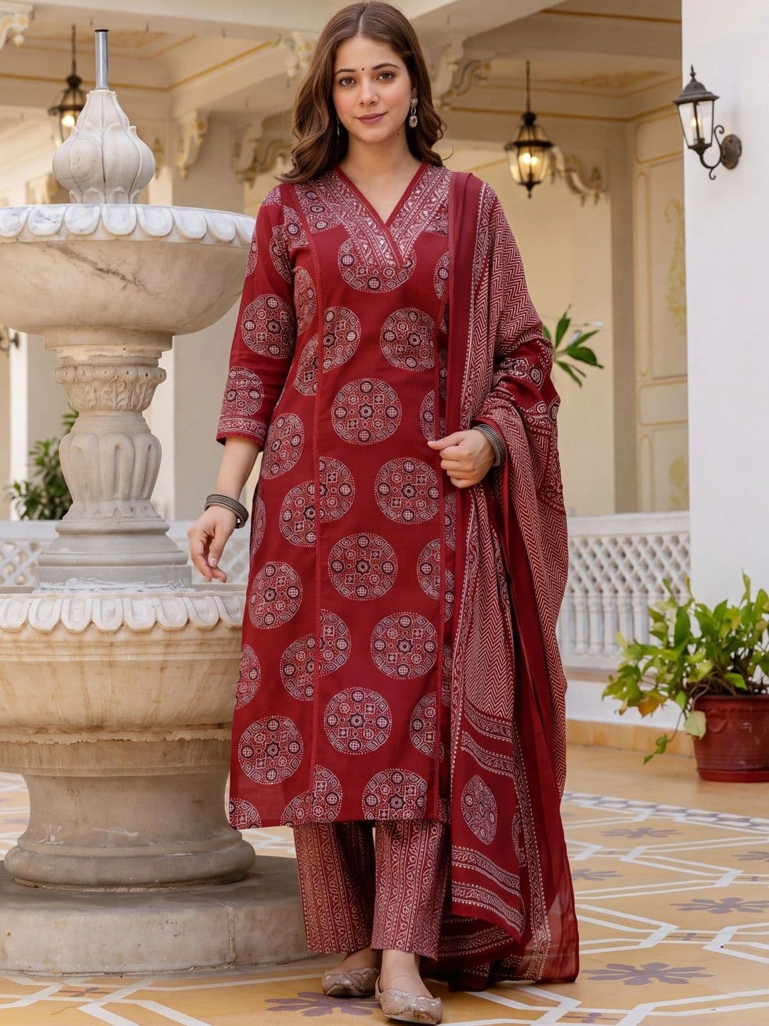 Shree Ramkrishna Fab Women Ethnic Motifs Printed Regular Pure Cotton Kurta with Trousers & With Dupatta - view 1